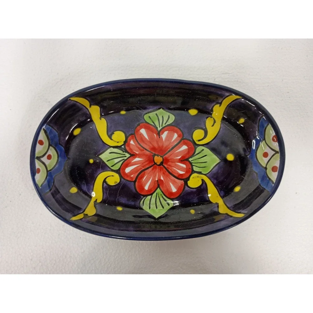 VTG Talavera Butter Dish Floral Multicolor Hand Painted Mexican Pottery